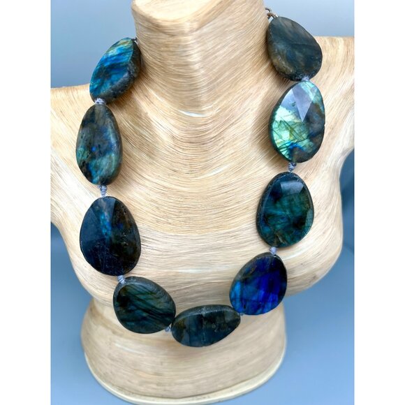 Labradorite Statement Necklace Polished Faceted Madagascar 17-21" Crystals - Picture 2 of 12